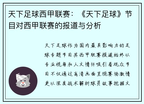 天下足球西甲联赛：《天下足球》节目对西甲联赛的报道与分析